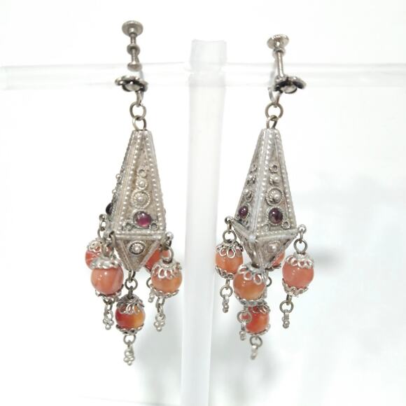 Antique Hazara Silver Chandelier Dangle Earrings Garnet & Carnelian Afghanistan